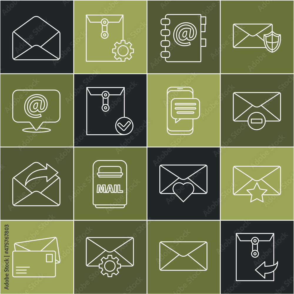 Poster set line envelope, with star, delete envelope, address book, and check mark, mail e-mail on speech b