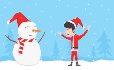 Fototapeta premium An illustration of a boy playing with snowman