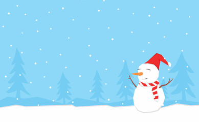 An illustration of a snowman in the snowy mountain with some copy space area