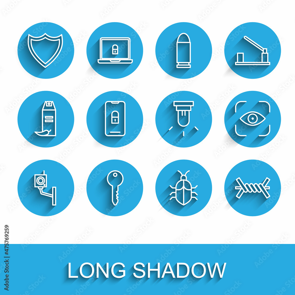Poster set line security camera, key, shield, system bug concept, barbed wire, mobile with closed padlock, 
