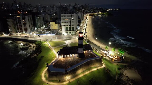 Night aerial view of tourism postal card at downtown Salvador Bahia Brazil. Brazilian Northeast. Tropical travel destination.
