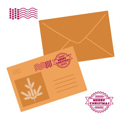 Christmas mail envelopes with stamp. Sketch vector illustration.