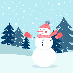 Cute cartoon snowman in the forest