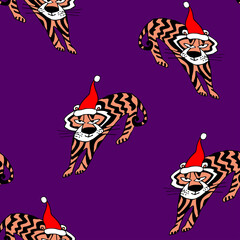 Holiday seamless pattern with funny Christmas tiger symbol 2022 isolated on velvet violet background. Animal of Chinese New Year. Textile, package, wrapping paper, postcard, poster.