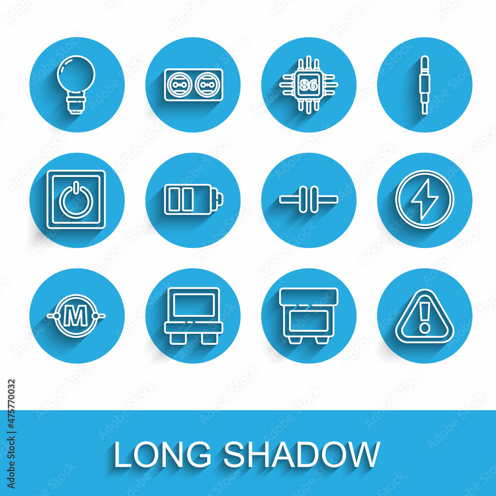 Poster set line electric circuit scheme, fuse, light bulb with concept of idea, exclamation mark in triangl