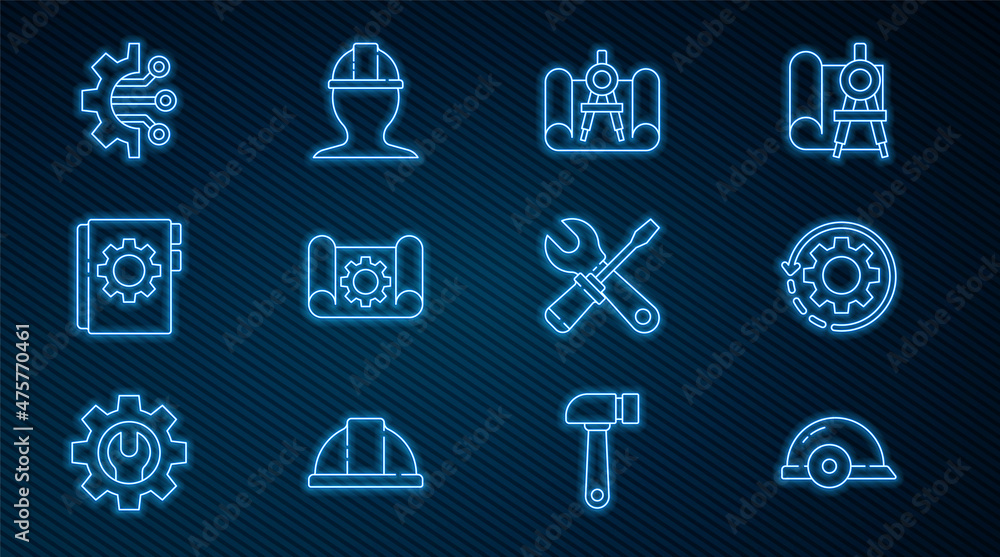 Poster set line worker safety helmet, gear and arrows as workflow, graphing paper compass, gear, user manua