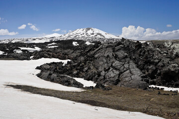 Snow-covered Mount Tendurek (Tondrak) shield volcano and lava flow in Agri and Van provinces of eastern Turkey