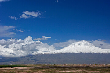 Snow-covered Mount Ararat towering above the town of Dogubeyazit, Eastern Anatolia, Turkey