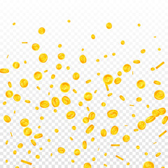 British pound coins falling. Energetic scattered GBP coins. United Kingdom money. Memorable jackpot, wealth or success concept. Vector illustration.