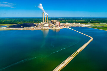 Aerial Overhead View of Large Coal Fired Power Plant
