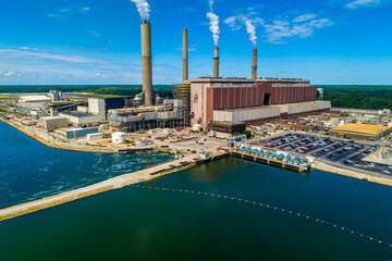 Fototapeta premium Aerial Overhead View of Large Coal Fired Power Plant