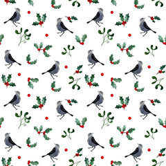 Winter Birds watercolor seamless pattern, Bullfinch, Robin Redbreast, winter season, Christmas background, holly plant, mistletoe, red berry. Design for packaging, covers, wrapping, cards, invitations