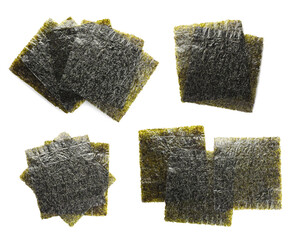 Set with nori sheets on white background, top view