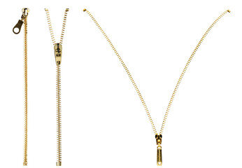 Set with metal zippers on white background