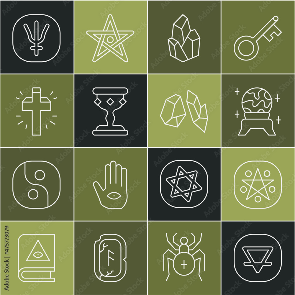 Wall mural Set line Earth element, Pentagram in circle, Magic ball, stone, Medieval goblet, Christian cross, Neptune planet and icon. Vector