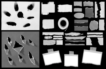 Set of ripped paper isolated on black background.