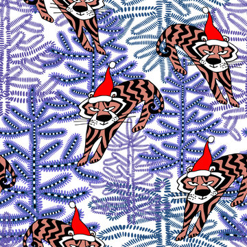 New year seamless pattern with tiger in red cap in winter forest of Christmas trees. Holiday animal of Chinese New Year. Wrapping paper, printing, textile, fabric, package, postcard, poster.