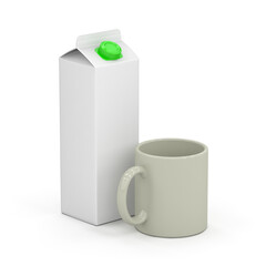 Juice or milk box with mug are isolated on white background. 3D Illustration.