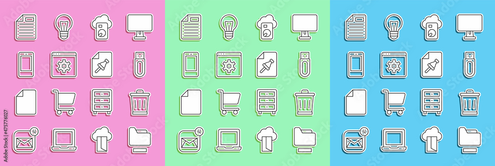 Aufkleber set line document folder, trash can, usb flash drive, cloud database, browser setting, mobile phone,