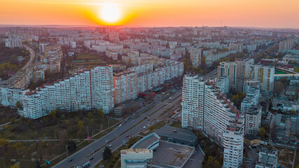 Landscape of buildings and roads during the sunset in Chisinau, Moldova