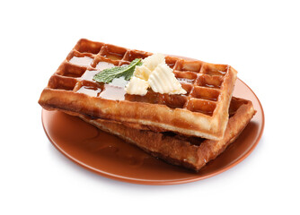 Delicious Belgian waffles with honey, mint and butter on white background