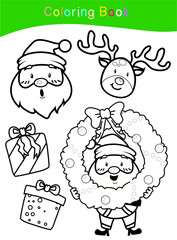 Coloring Christmas sets worksheet page. Educational printable coloring worksheet. Coloring game for preschool children. Black and white vector illustration. Motor skills education.