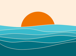 Sunset landscape boho 70's style retro graphic design, blue water ocean waves with abstract vintage art illustration, orange sun color gradient, card, poster, sticker design, simple nature element - obrazy, fototapety, plakaty