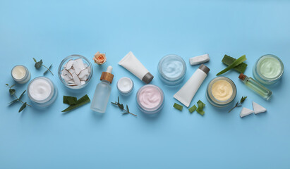 Body cream and other cosmetics with ingredients on light blue background, flat lay