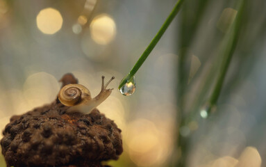 Snail reaches for a drop of water, macrophotography