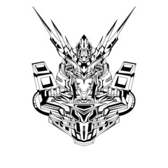 Hand drawn black and white tattoos artwork Head of body mecha robot war vector Illustration