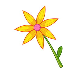 A yellow flower with sharp petals. Vector illustration in cute cartoon childish style. Isolated funny clipart on a white background. Cute floral print.