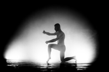 modern ballet dancer performing. motion blur and smoke.