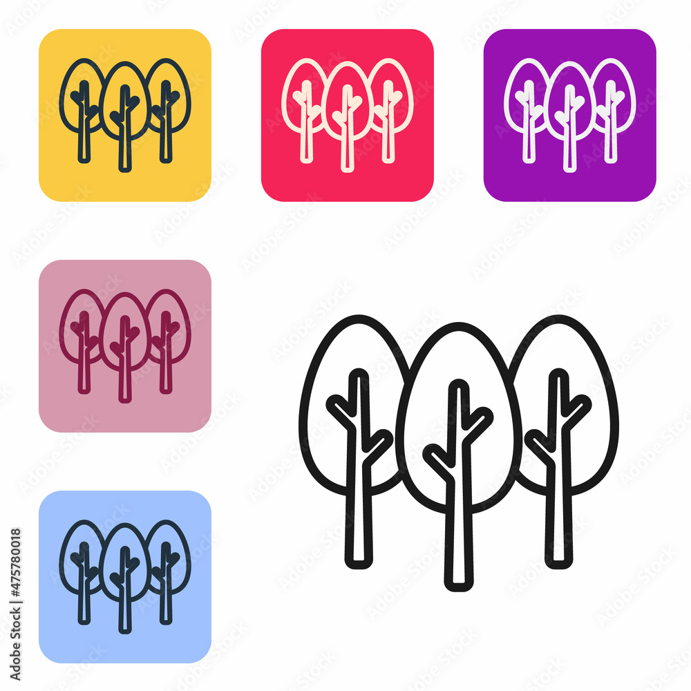 Poster black line tree icon isolated on white background. forest symbol. set icons in color square buttons.