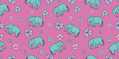 Seamless pattern with hand drawn elephant and floral vector illustration. pink background.