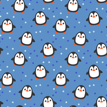 Seamless pattern, cute happy penguin on a blue background and polka dots. Cheerful children's print for textiles, cards, clothes. Vector color illustration.