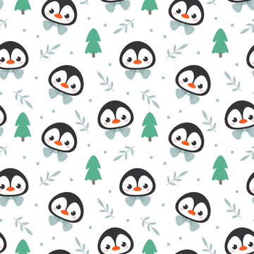 Seamless pattern with the head of a cute cartoon penguin and a Christmas tree on a white background. Vector illustration of a character in a minimalistic flat style, hand drawing. Print for textiles.
