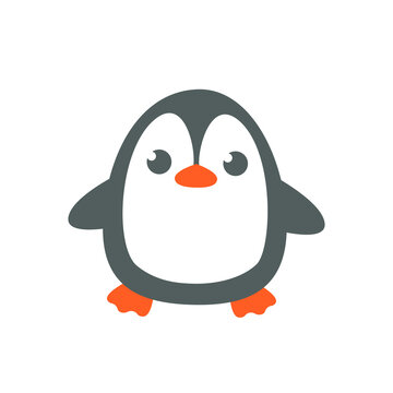 Cute cheerful gray fat penguin. Vector illustration of animal character in cartoon childish style. Isolated funny clipart on a white background. Cute print.