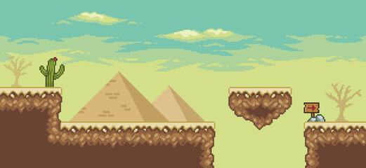 Pixel art desert game scene with  pyramid, floating island, palm tree, cactuses, direction board 8bit background