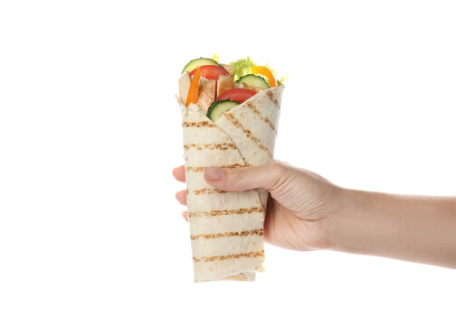 Woman Holding Tasty Chicken Shawarma On White Background, Closeup