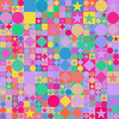 Patrón geométrico abstracto compuesto de figuras en colores pastel en época festiva sobre fondo violeta claro.