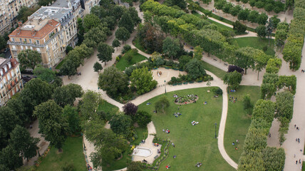 View of beautiful green trees park  from the top of the Eiffel Tower in Paris