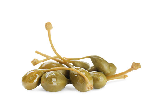 Pile of delicious pickled capers on white background