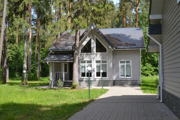Fototapeta na wymiar Country one-story cottages with a lawn and a driveway, designed for recreation in the forest