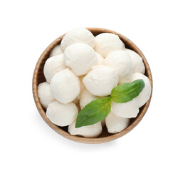 Wooden bowl with mozzarella cheese balls and basil on white background, top view