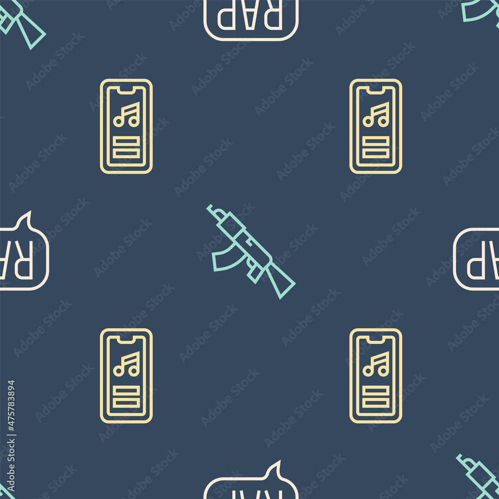Poster set line rap music, music player and submachine gun on seamless pattern. vector