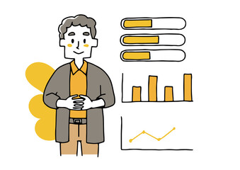 自分のバイタルを知る男性　クリエイティブで論理的かつ創造的な思考を持つ方法　ゆるい線画のイラスト　