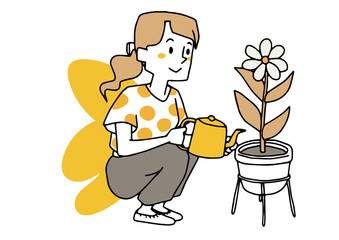 花に水をやる女性　クリエイティブで論理的かつ創造的な思考を持つ方法　ゆるい手描きの人物イラスト