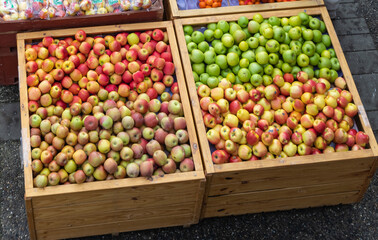 Fresh Fruit Market. Top view of the street market in the morning, healthy colorful vegetables and fruits,