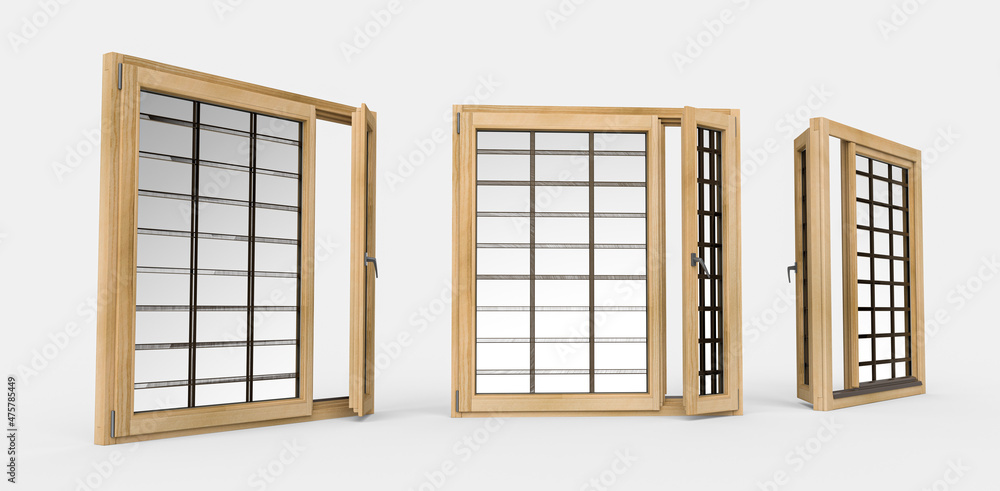 Sticker 3d illustration of square wooden window isolated on a white background