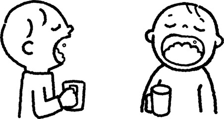線画。子どもがコップを持ってうがいをする。